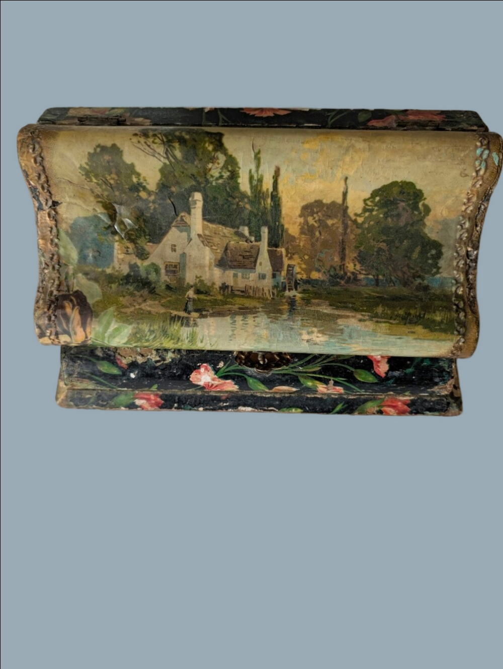 Vintage Jewelry Box Victorian Era Scenic Art with Floral Accents - Multicolor